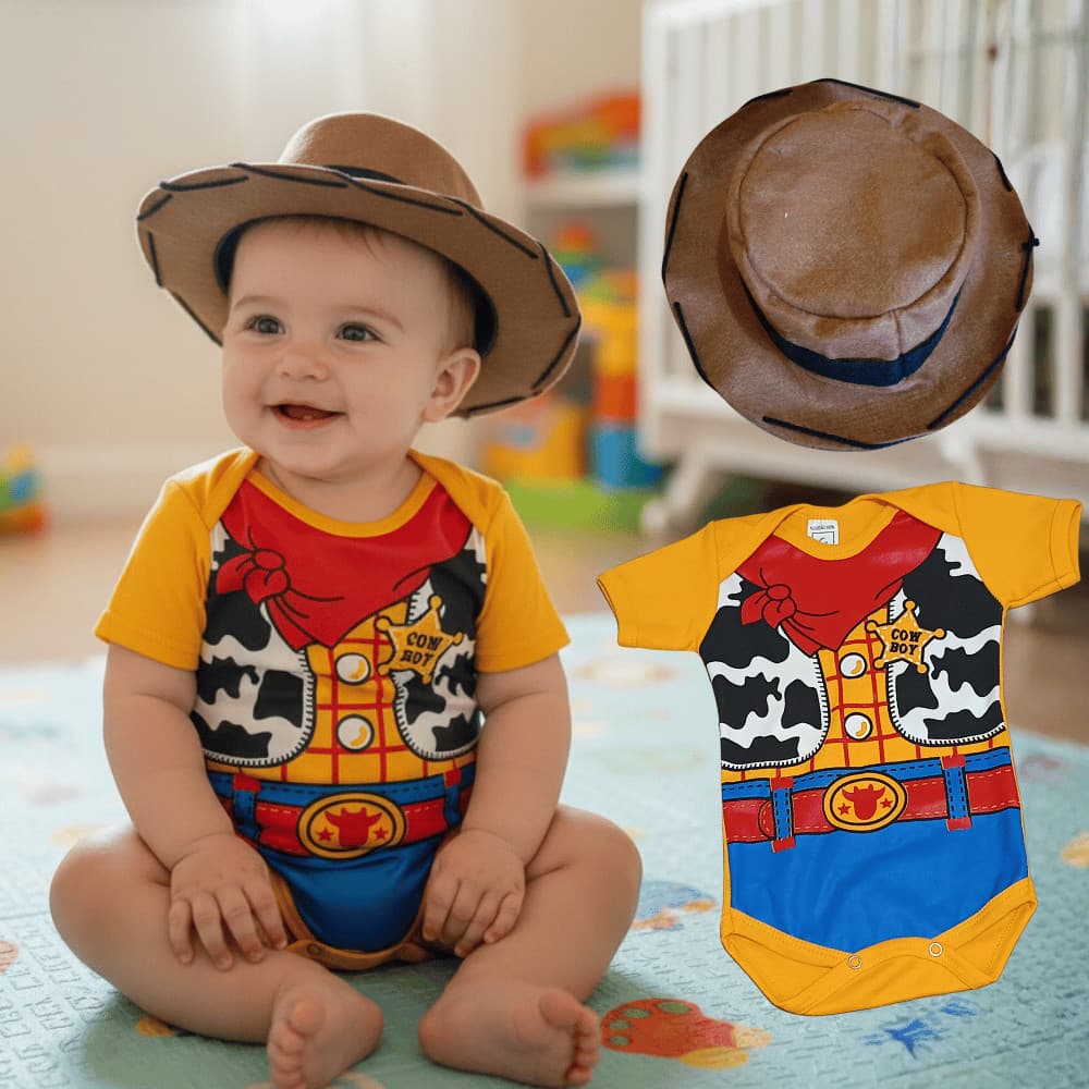 Kit body bebê vaqueiro + chapeu, roupa infantil menino 100% algodão