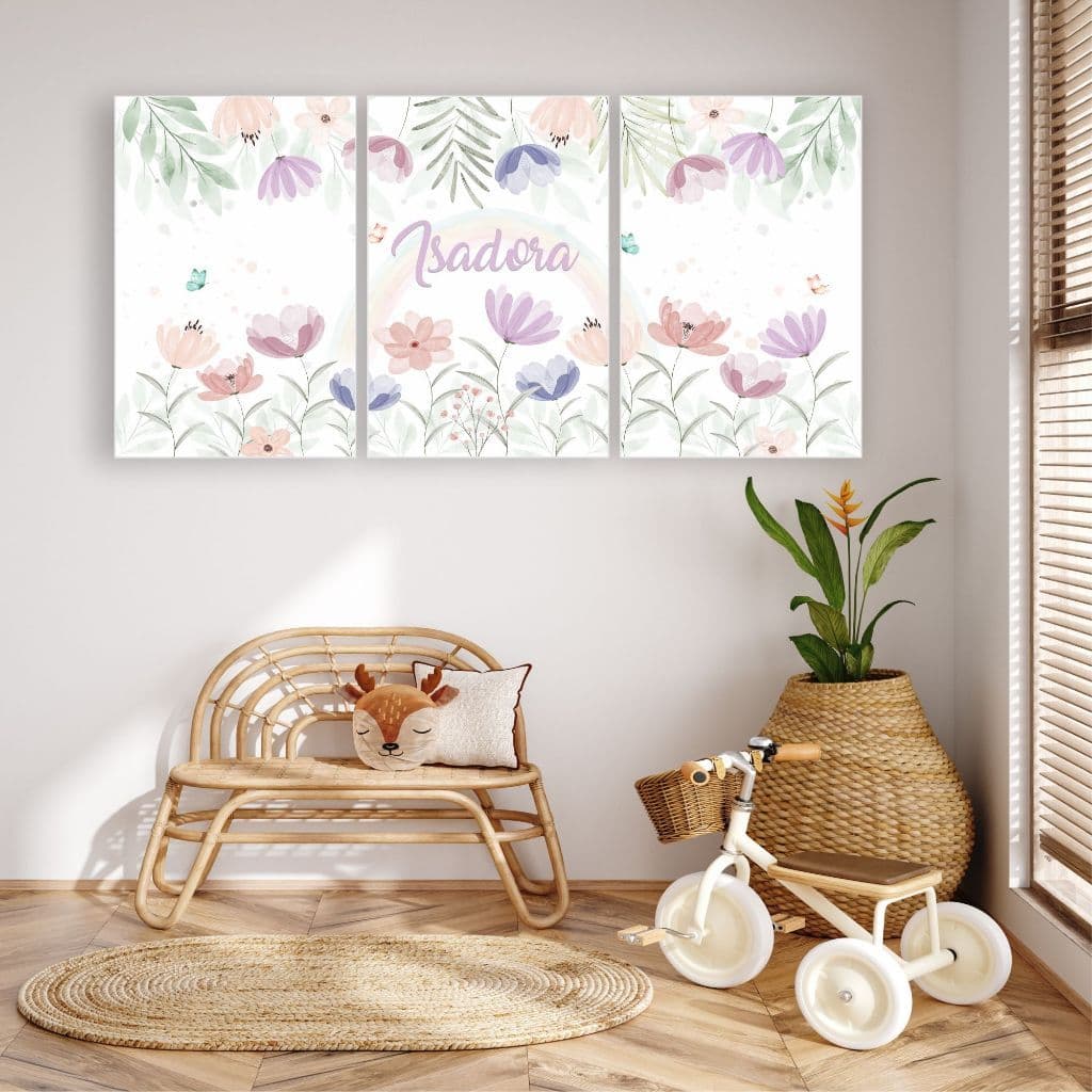 KIT 3 QUADROS FLORAL COM NOME PERSONALIZADO - MEDIDA 20X30 CADA