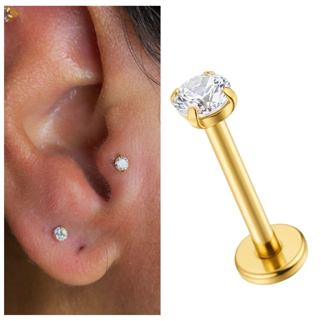 Piercing Ouro 18K Trágus Ponto de Luz Aço Banhado Antialérgico Labret