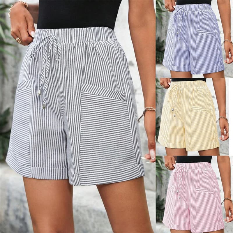 shorts Femininos De Verão , Calças Casuais Femininas Listradas Elásticas Para Mulheres