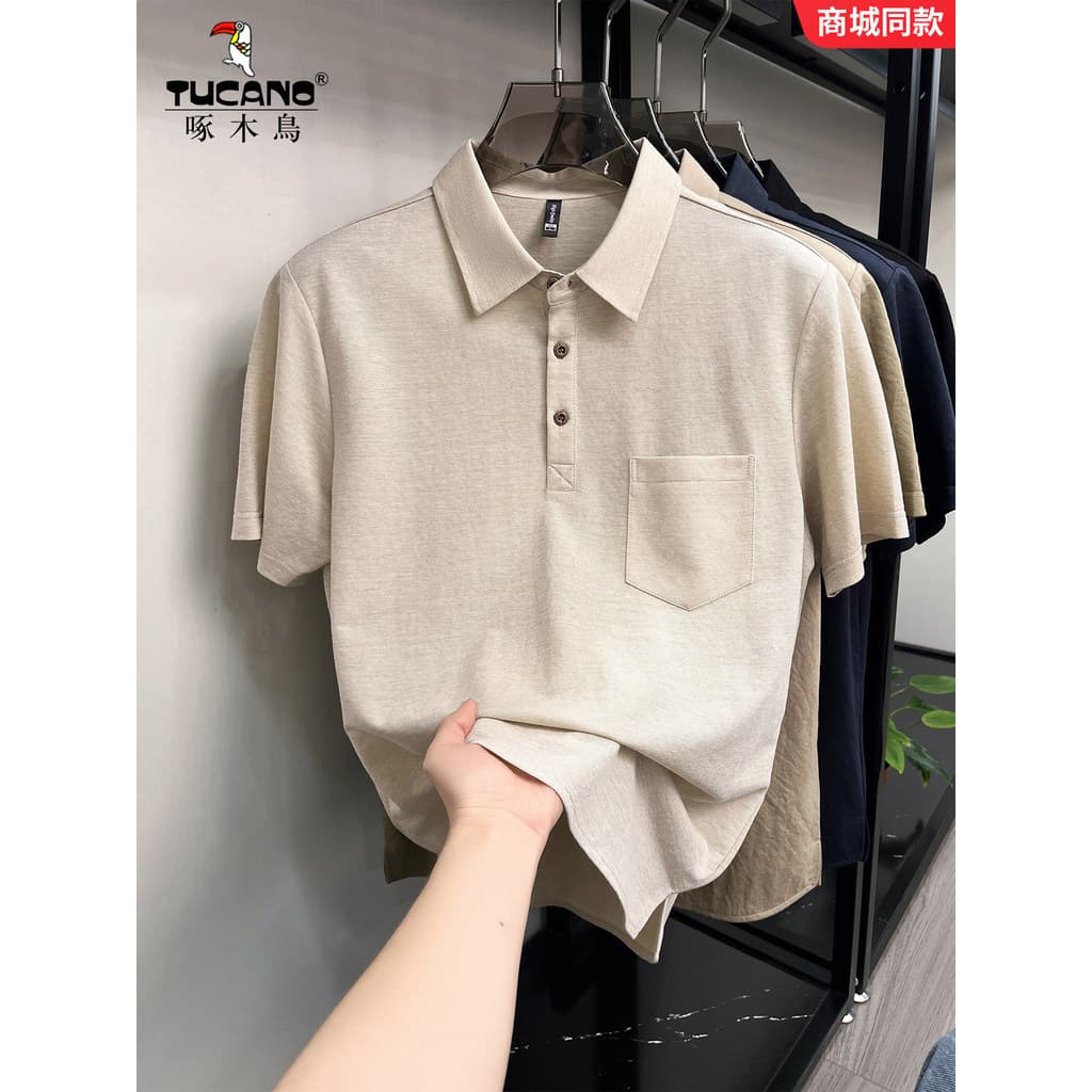Woodpecker camisa polo masculina verão algodão linho Casual bolso de manga curta camiseta solta respirável lapela topo r