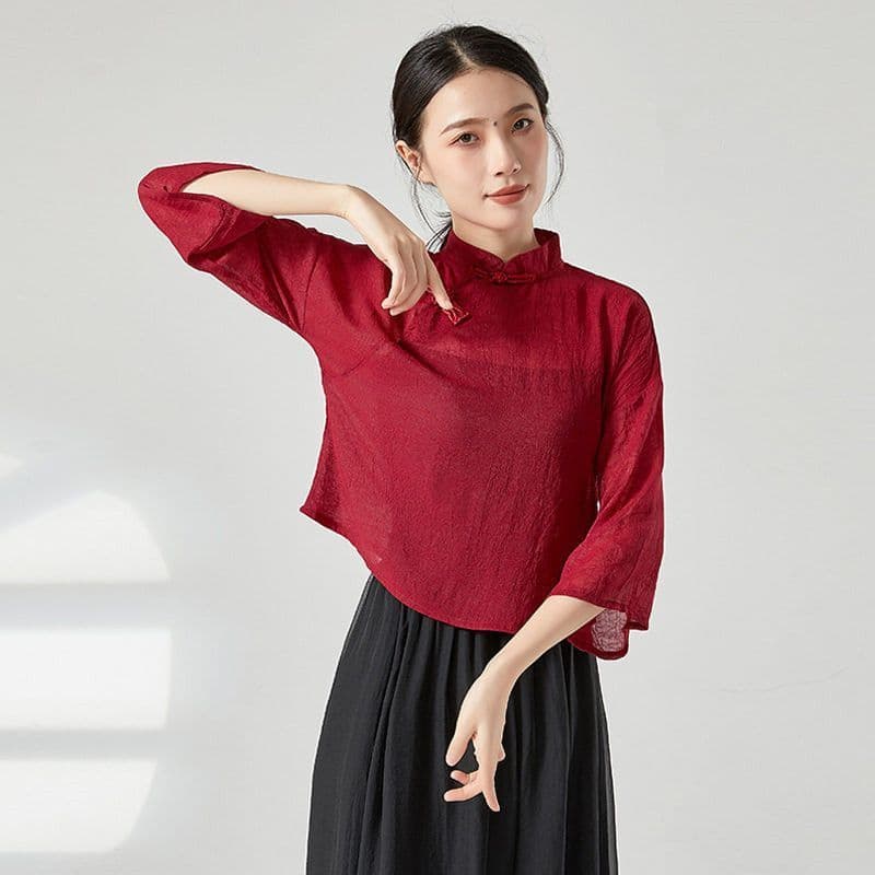 Y camiseta de manga comprida feminina estilo chinês terno de dança clássica elegante gaze curta High-End terno de prátic