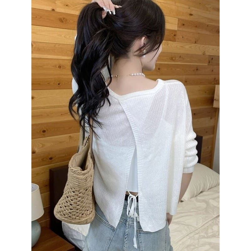 Primavera verão estilo fino oco exterior de manga comprida malhas protetor solar blusa ligeiramente transparente Design