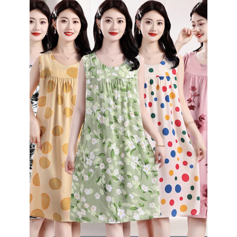 Camisola de seda de algodão feminina 2026 novo estilo verão mãe pijamas de comprimento médio sem mangas vestido de algod