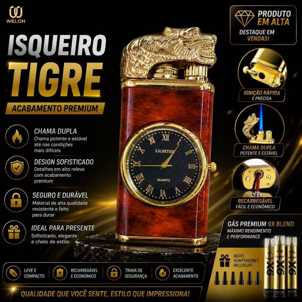 Acendedor de Tigrão com Relógio Descarregado（sem gas）  chama dupla Luxo