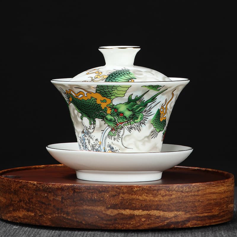 2026 Novo Estilo Lanolina Jade Cerâmica Ano do Dragão Sancai Gaiwan Kung Fu Conjunto de Chá Fazendo Tigela de Chá Torrad