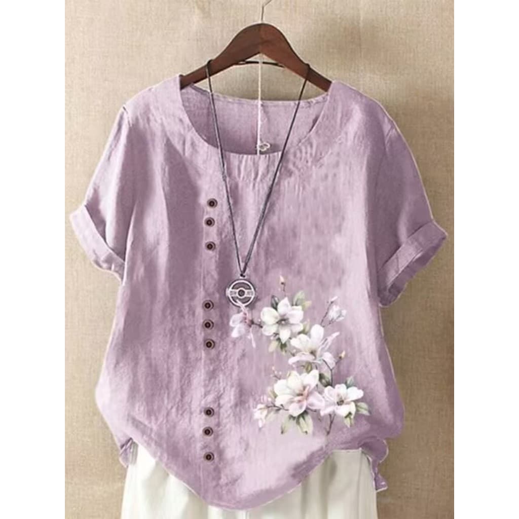 Tarde Qinghe ~ tamanho grande mãe usar algodão linho camiseta feminina manga curta solta impressa linho pequena camisa C