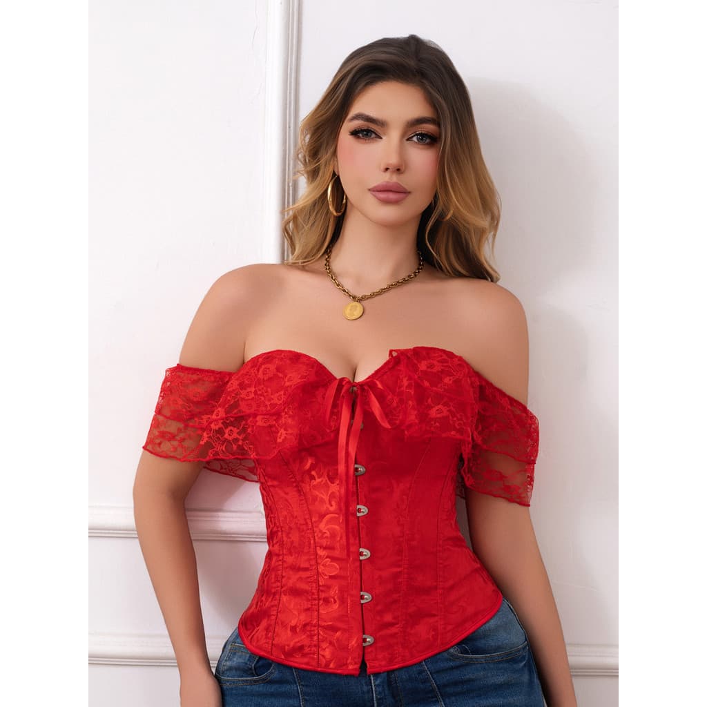 Top Espartilho De Renda Azul Claro Com Ombros De Fora , Corpete Jacquard Querido Busk Frontal E Lac