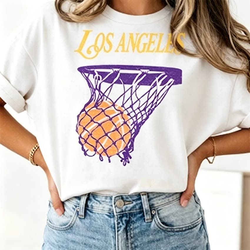 Camiseta Masculina Feminina Oversized Estampa Los Angeles Cesta e Bola de Basquete Roxo Amarelo T-shirt Streetwear