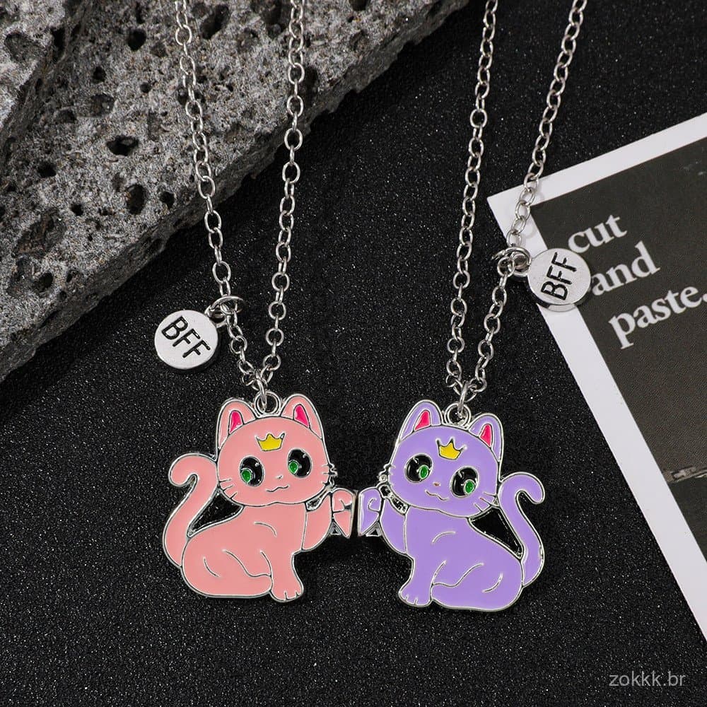 Colar Magnético para Mulheres Princesa Coração Melhor Amiga Casal Joias de Liga Pingente de Gato Cartoon