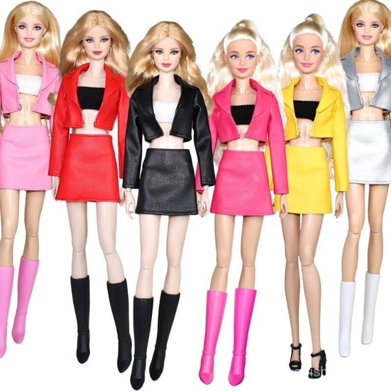 30CM Roupas Crianças Brinquedo Boneca Saia De Couro E Casaco Conjunto De 3 Peças Acessórios