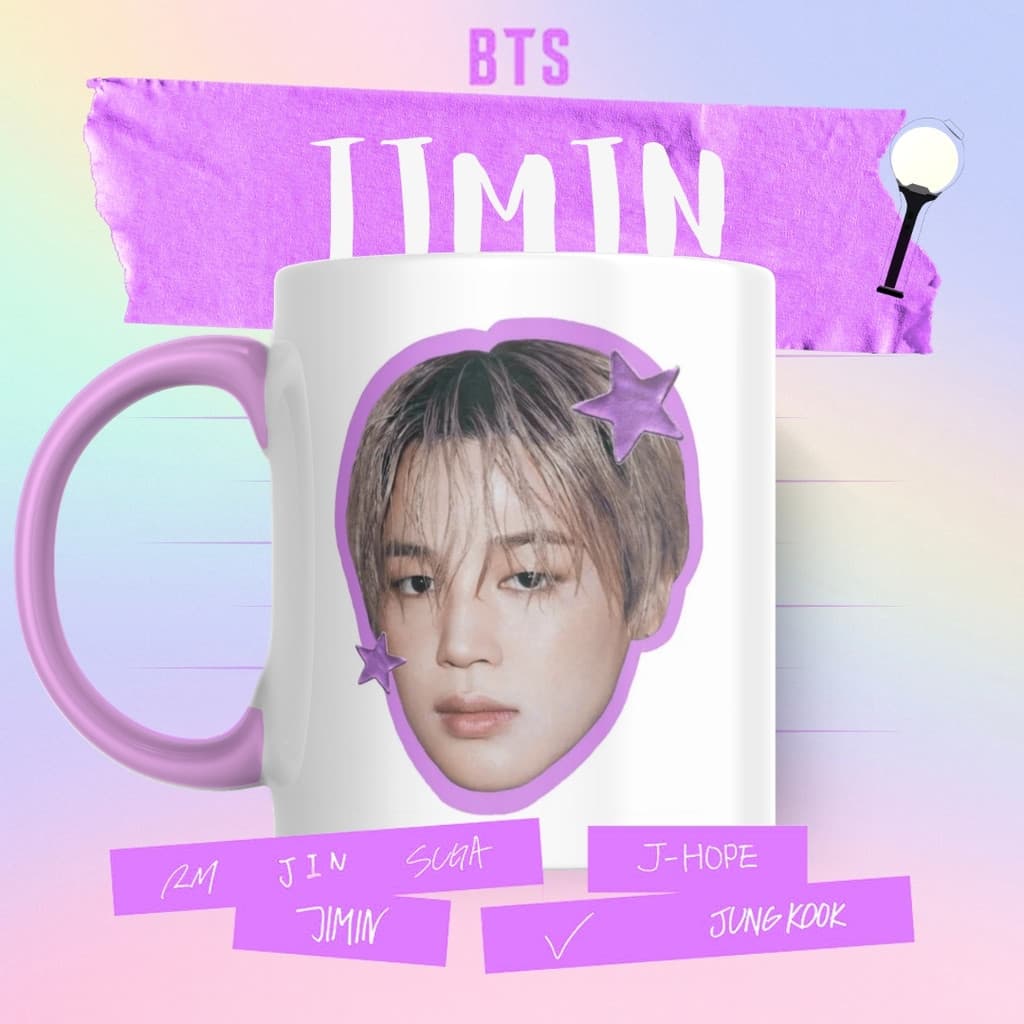 Caneca Xicara Porcelana 325ml BTS Army OT7 Jimin Carinhas Personalizada Presente Decoração