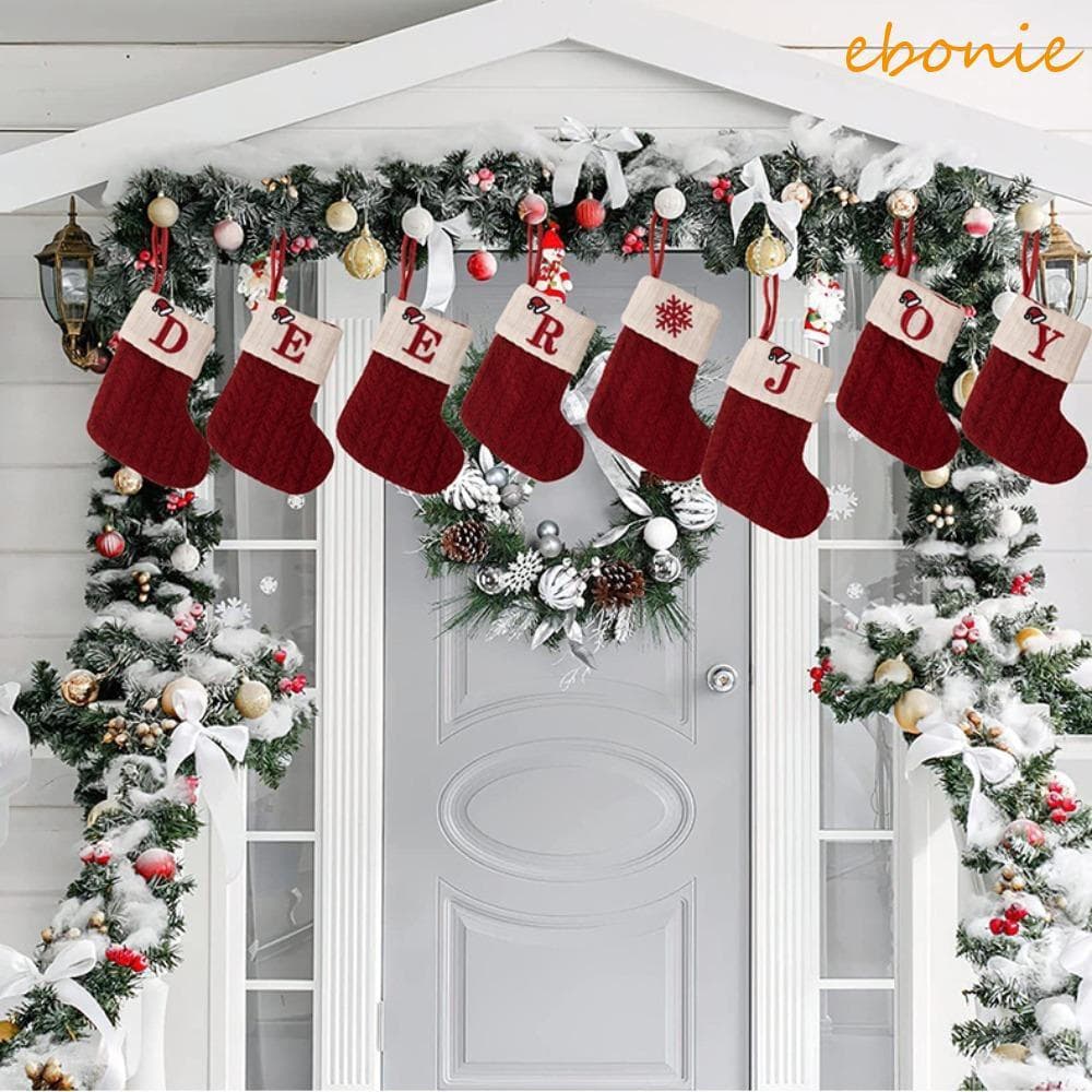 Meia De Tricô De Natal Com Letras EBONIE , Meias Tecidas Vermelhas , Alfabeto Bordado