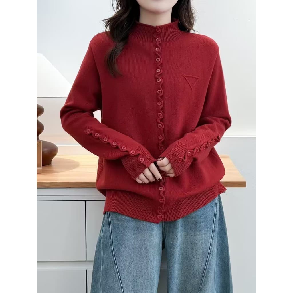 Tamanho grande gordura mm outono inverno fungo borda meia gola alta botão de malha Cardigan feminino moda Undershirt cam
