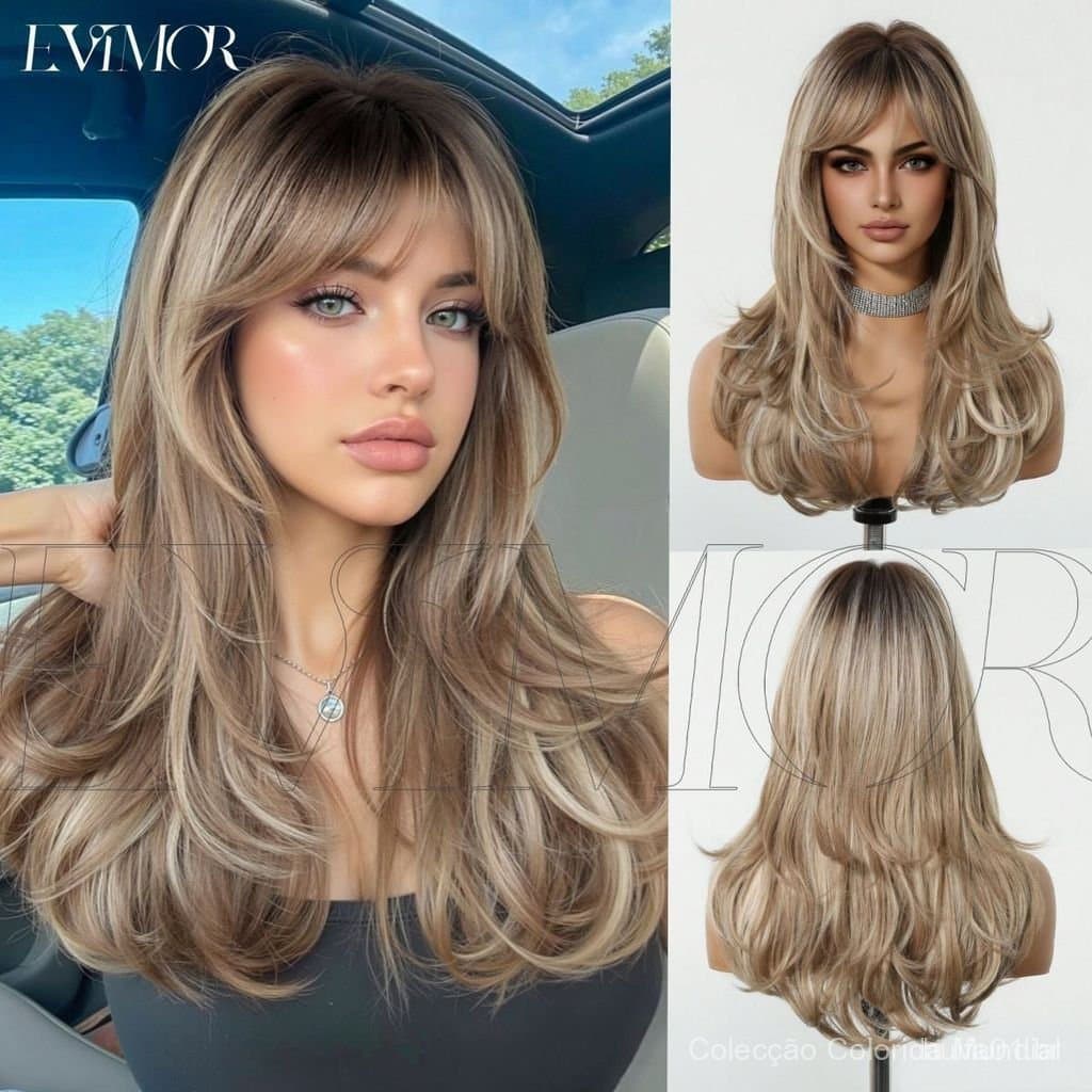 Peruca feminina completa, simulação natural, franja em formato de oito, cabelo longo e cacheado, aparência elegante. OI8