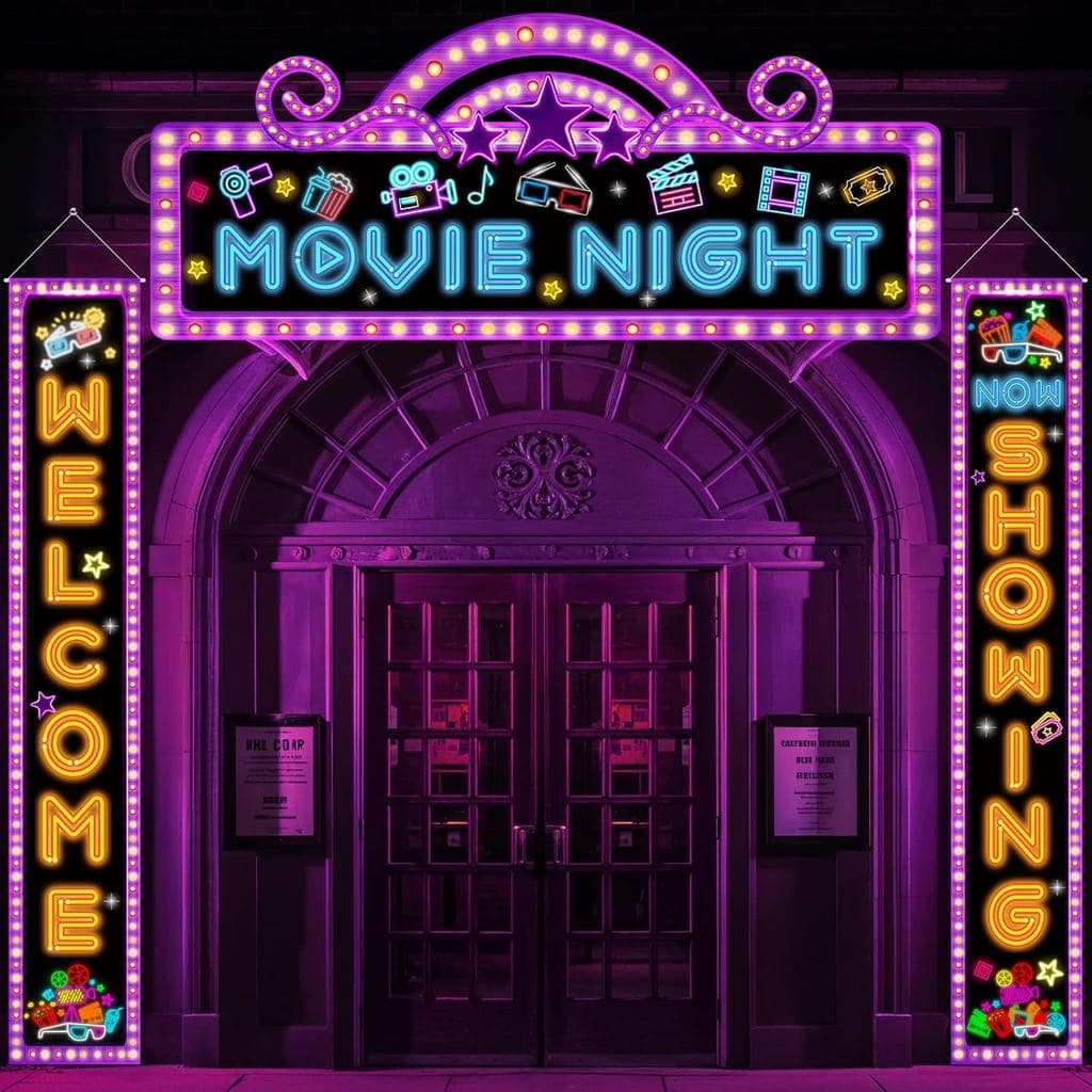 3 Peças de Decorações para Noite de Cinema na Varanda, Faixa Suspensa com Tema de Cinema Neon, Placa de Boas-Vindas "Ago