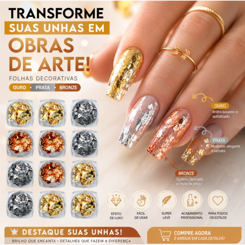 Kit 12 Folhas Metalizadas Ouro, Prata e Bronze p/ Encapsulamento de Unhas em Acrigel | Nail Art