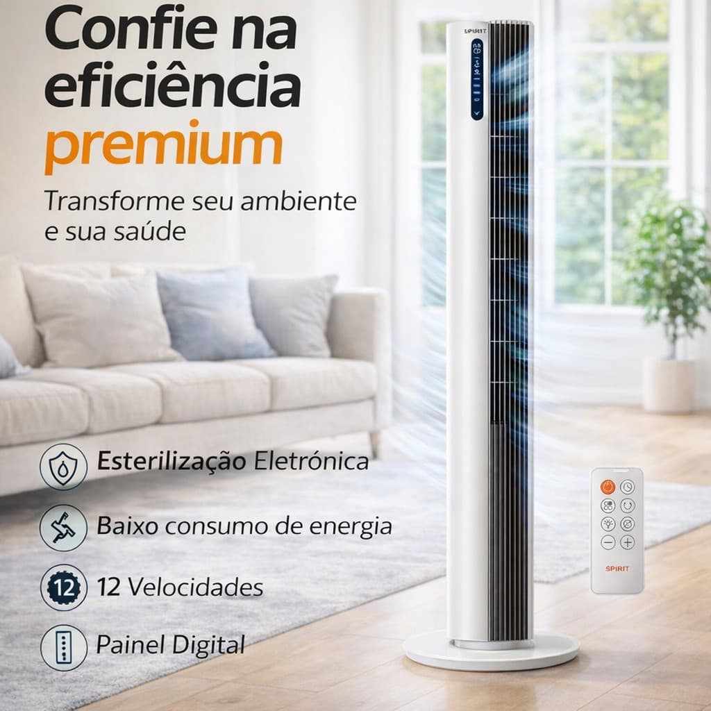 Ventilador Torre Esterilizador SPIRIT 110cm Econômico com Controle Remoto e Display LED