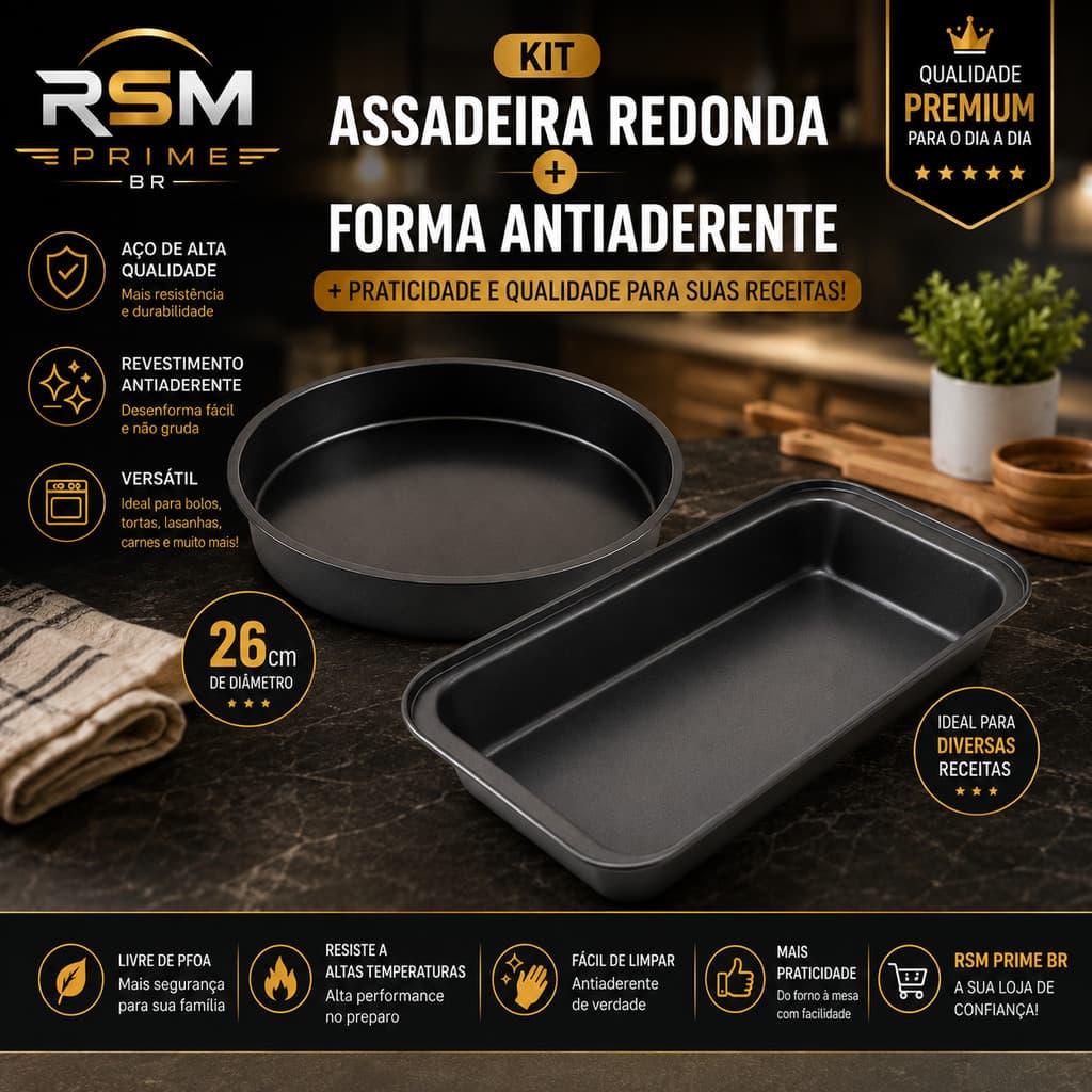 Assadeira Retangular e Forma Redonda Antiaderente 26cm Aço Carbono Para Bolo Lasanha Pães Carnes