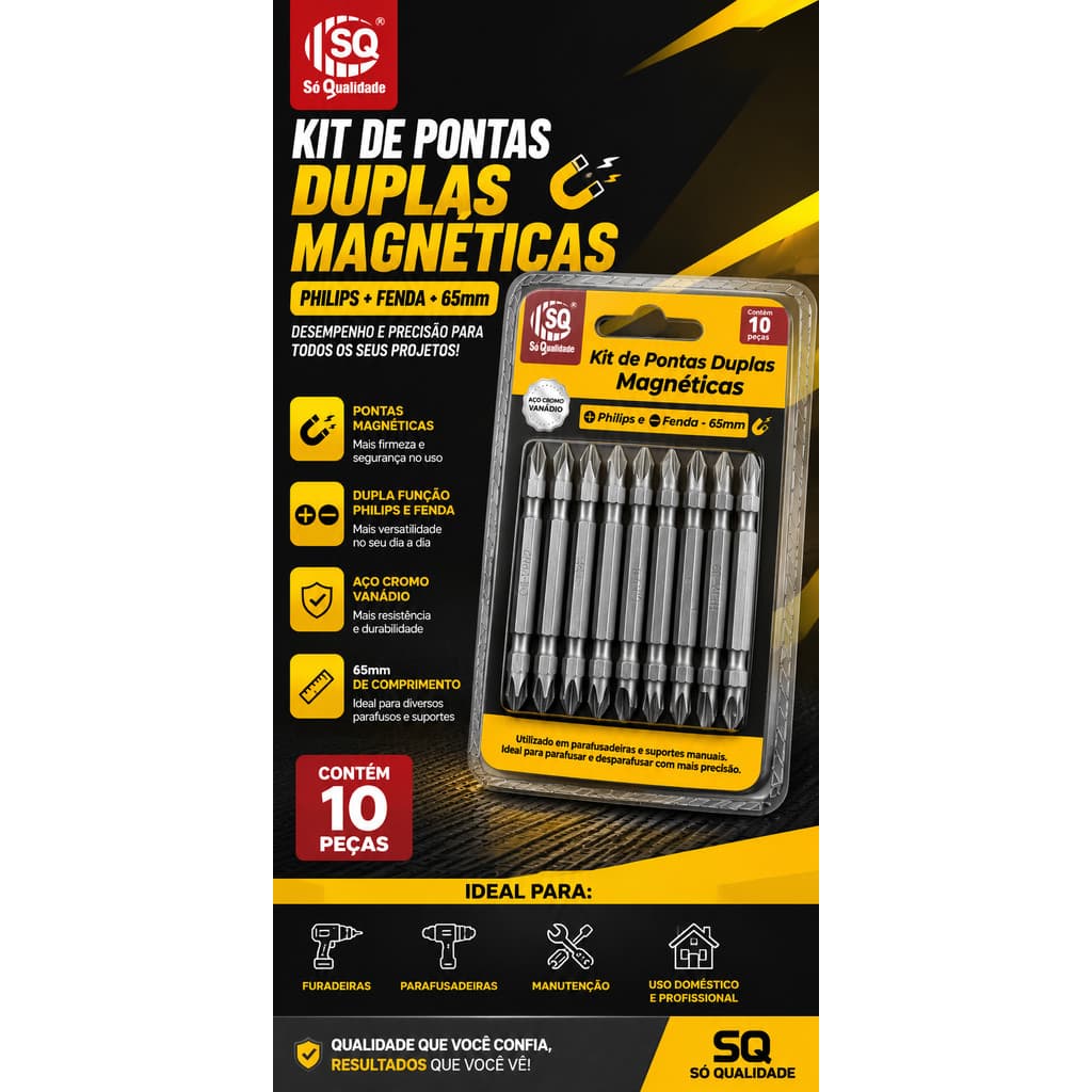Bits Ponteira Dupla Magnética 65mm Kit 8 Peças Phillips 2 Fenda para Parafusadeira Universal