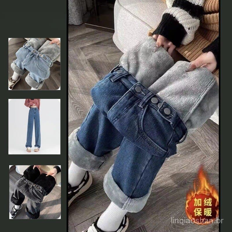 Calças Femininas Vintage de Camurça e Jeans, Estilo Americano, Versáteis, Cintura Alta, Quentes, Perna Larga 3AB4