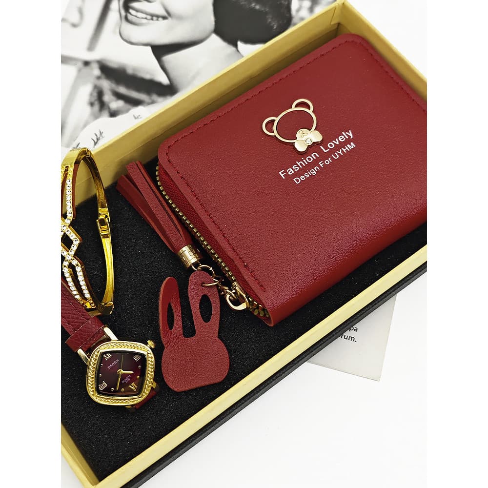 Moda senhoras relógio conjunto presente 3 peças urso carteira pulseira relógio feminino diamante relógio de pulso femini
