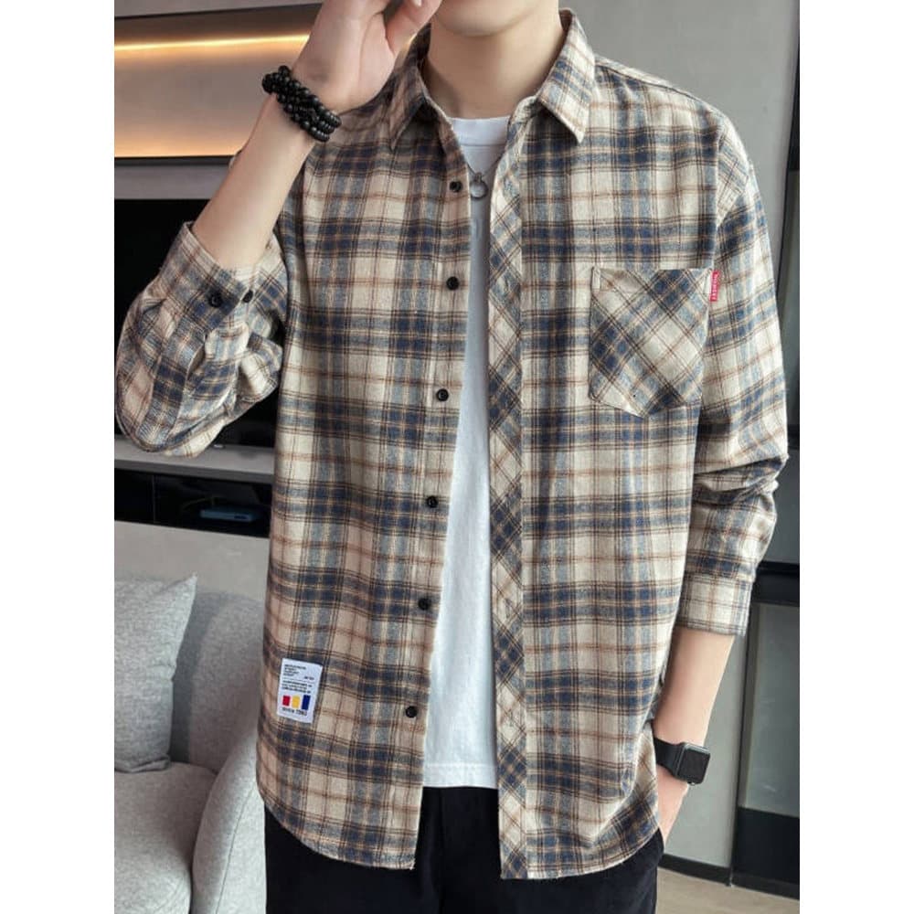 Outono xadrez camisa de manga comprida masculina solta Casual camisa de trabalho juventude na moda solta confortável All