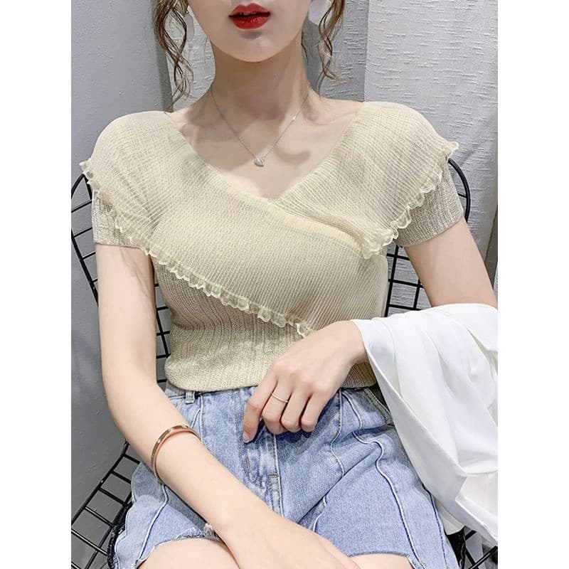 Verão novo estilo gaze babados malha fina topo esquema Design com decote em v camiseta de seda gelo feminina manga curta