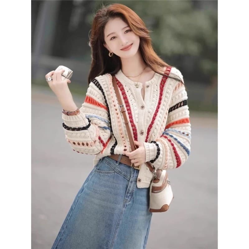 Feminino Wear oco crochê malha Cardigan 2026 primavera outono estilo preguiçoso topo arco-íris listrado jaqueta feminina