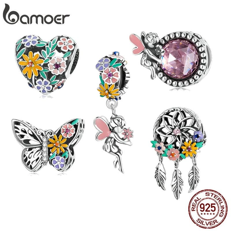 Bamoer 925 Série Primavera Contas de Prata Estilo Flor Borboleta Fada Para Acessórios de Pulseira DIY BSC5885 D2K7
