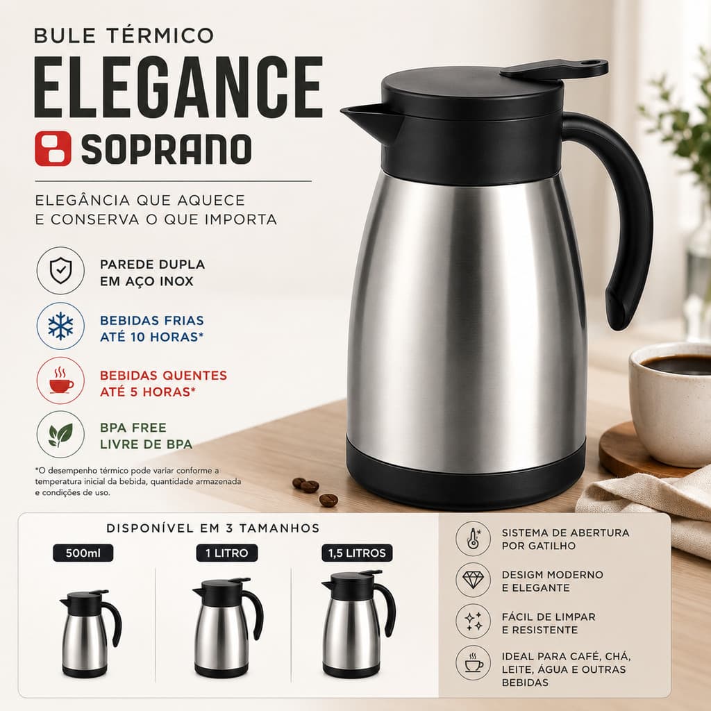 Bule Inox Elegance Garrafa Térmica Para Chá Café Água 500ml 1L 1,5L
