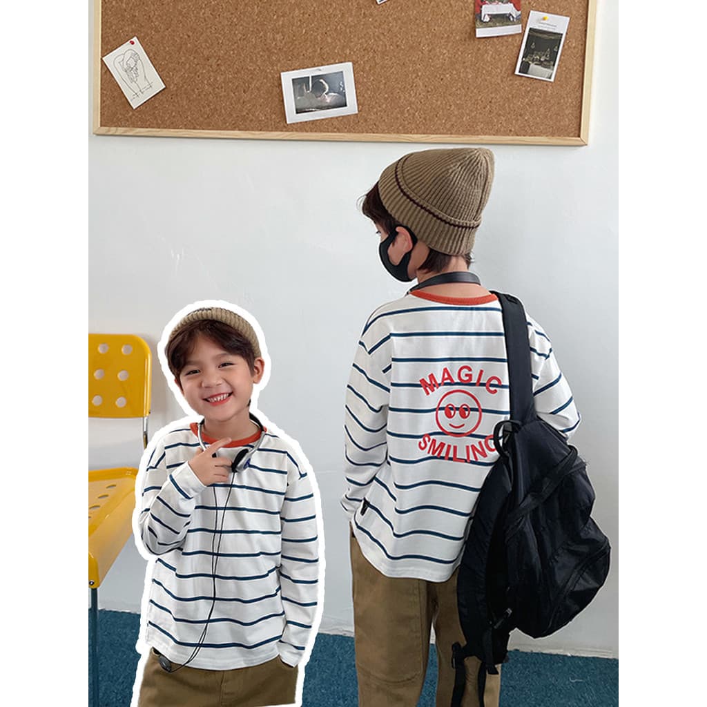 Chá mãe meninos primavera outono novo estilo listrado camiseta bebê Smiley puro algodão de manga comprida camisa de fund