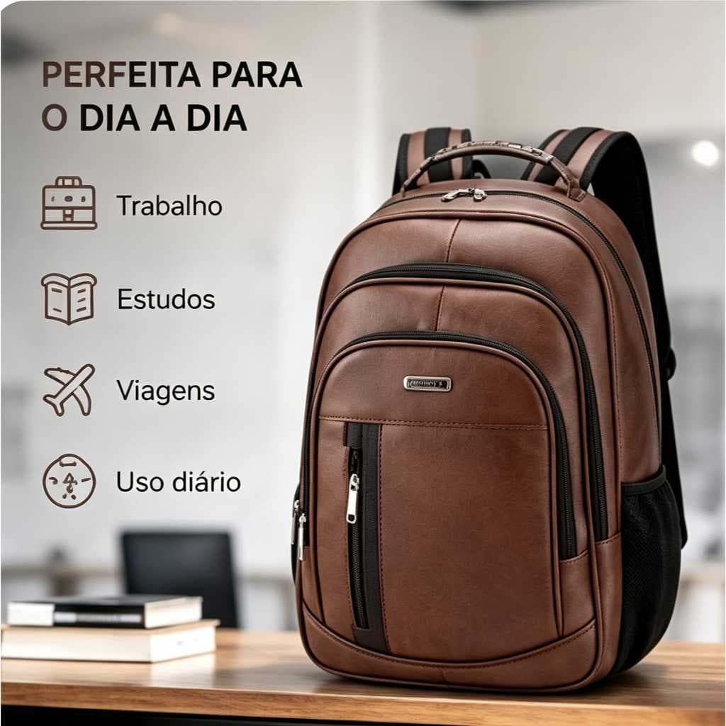 Mochila couro sintetico Executiva para Notebook  Impermeável Grande Capacidade