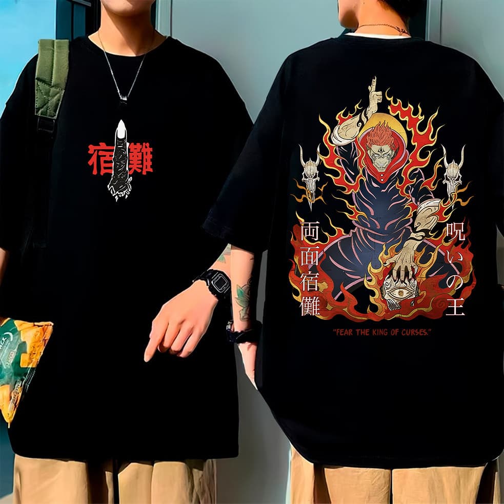 Camiseta oversized de algodão com estampa de anime, ideal para fitness, modelo ninja Sukuna, unissex.