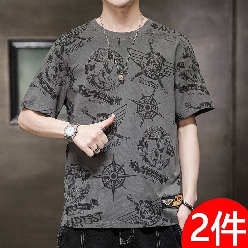 Roupas masculinas de manga curta 2026 verão novo estilo solto gelo seda esportes camiseta moda cinza All-Match impresso