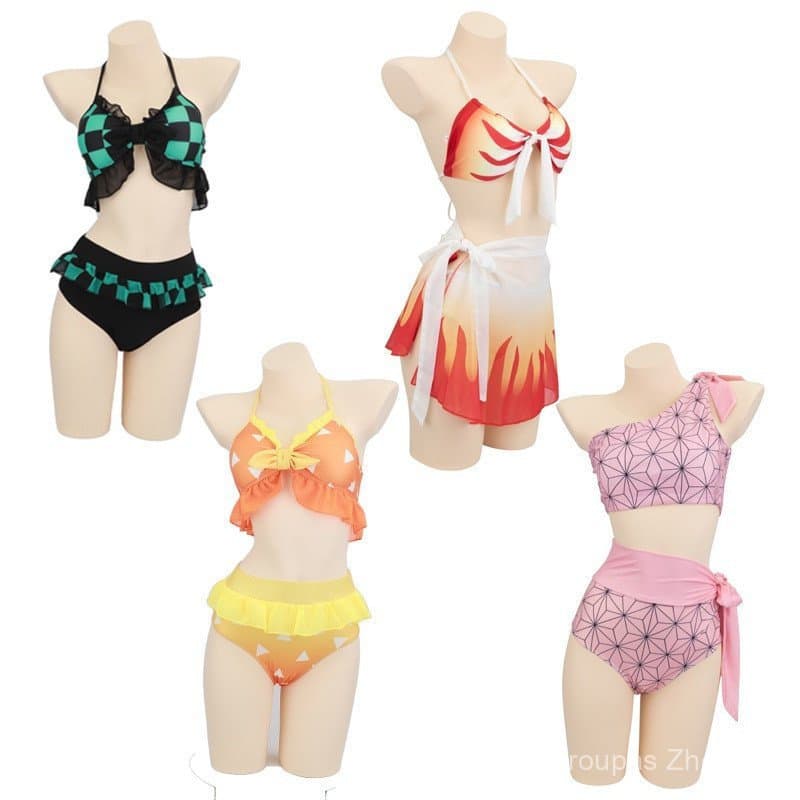 Roupa de Praia Kimetsu No Yaiba, Design Exclusivo, Top Halter, Tecido Macio e Durável, Forro de Poliéster CTPA