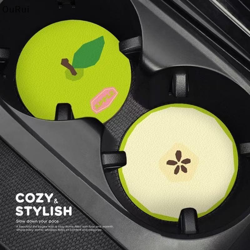 [B & C] Porta-Copos De Carro De Frutas Fofas , 2 Peças , Tapete Antiderrapante De PU Para Slot De Garrafa De Água , Deco