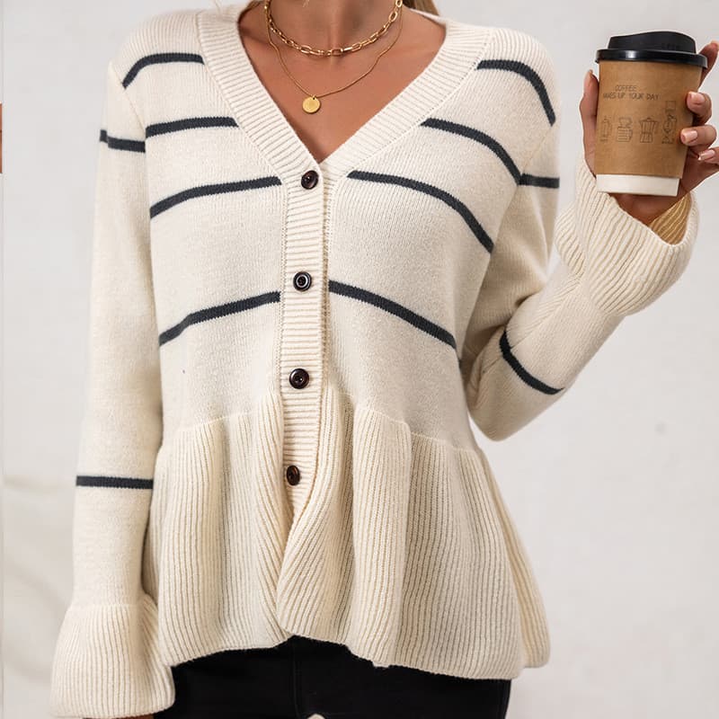 Novo estilo com decote em v listrado preguiçoso solto malha camisola de manga comprida outono inverno Cardigan Cross-Bor