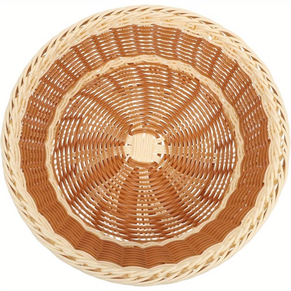 Cesta De Armazenamento Redonda Tecida À Mão Bandeja De Vime Para Servir Frutas E Pão De Cor Dupla Bege Marrom Cozinha ,