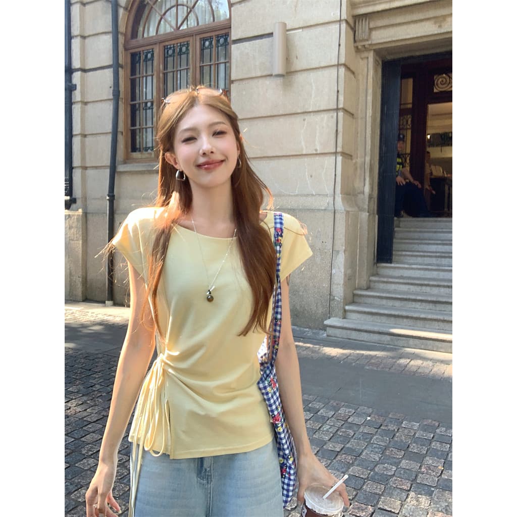 Amarelo estilo suave Design sentido nicho amarrado camiseta de manga curta feminina verão pequeno temperamento fino-ajus