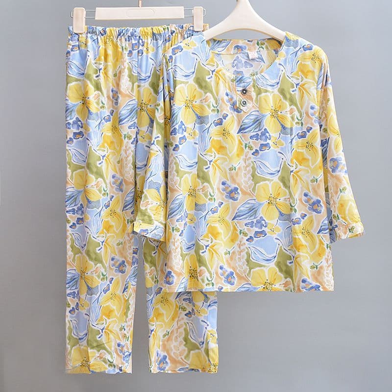 Pijamas femininos de algodão e seda, estilo fino, para mulheres de meia-idade e idosas, em algodão combinado, para mães,