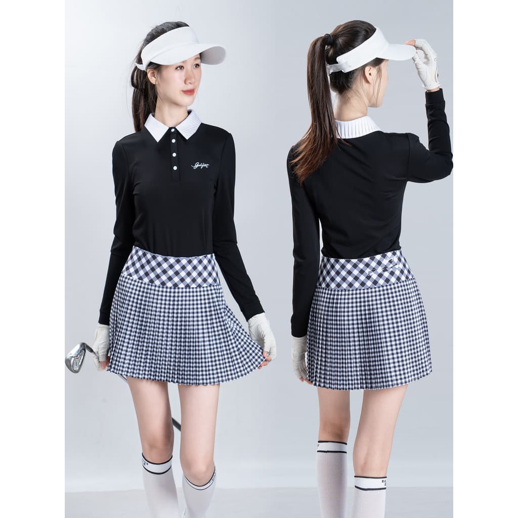 Senhoras de golfe terno superior lapela manga longa versão coreana estilo Preppy padrão saia roupas esportes ao ar livre