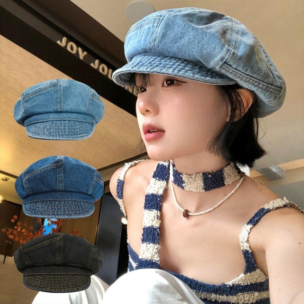 Boina Jeans Lavada   , Boné Octogonal De Nuvem Vintage , Viseira De Artista De Jornaleiro Coreano , Chapéu Pontiagu