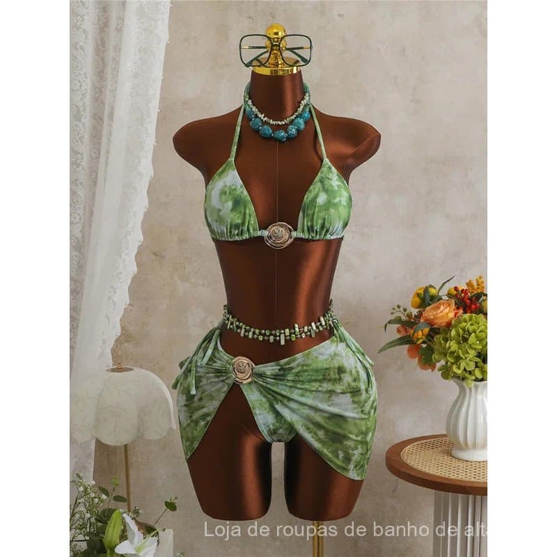 3 Peças Novas com Saia, Biquíni Halter Tie Dye, Moda Praia Feminina, Maiô, Conjunto de Biquíni de Três Peças K8069