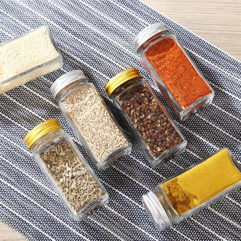Pote de vidro quadrado para temperos com tampa de bambu e tampa de alumínio, pimenta em pó, pote para temperos de churra