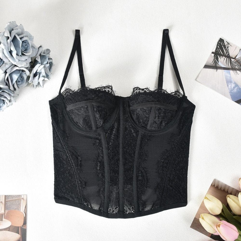 Camisola De Renda  , Espartilho Transparente Slim fit , Sem Mangas Streetwear Oco Crop Tops Femininos