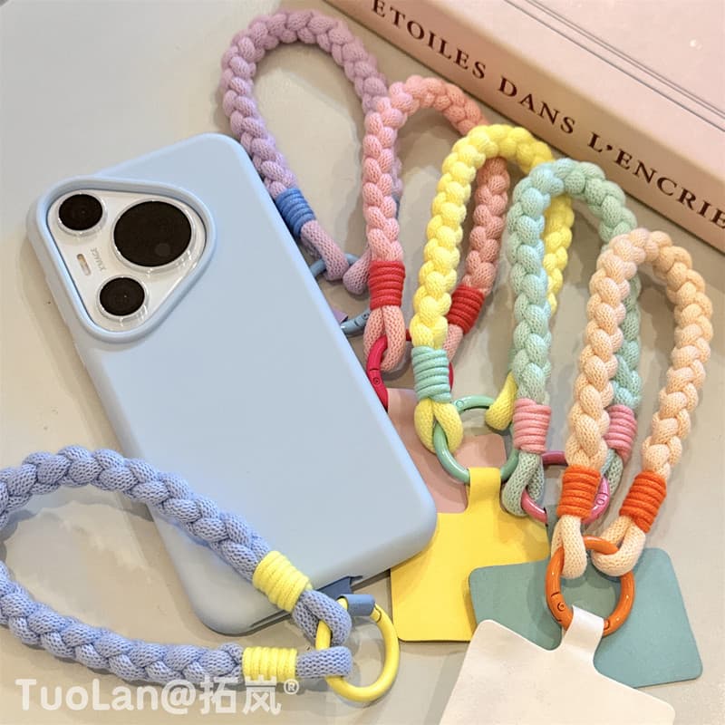 Corda tecida à mão para celular, verão, dopamina fresca, cor sólida, corda de pulso curta, Anti-perda