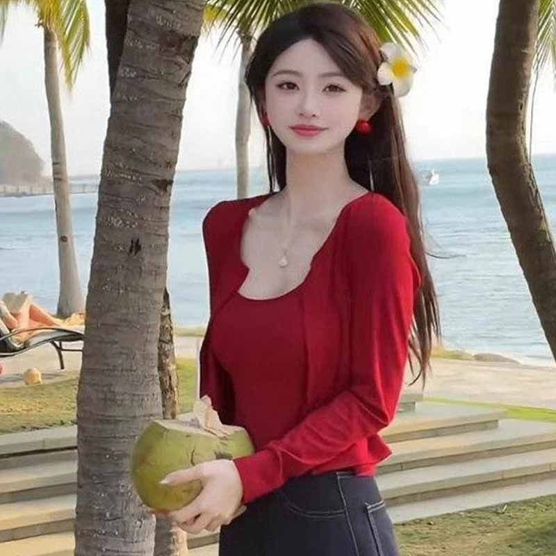 Cardigan vermelho estilo fino feminino combinando estilingue cardigan blusa exterior verão feminino fino ajuste superior