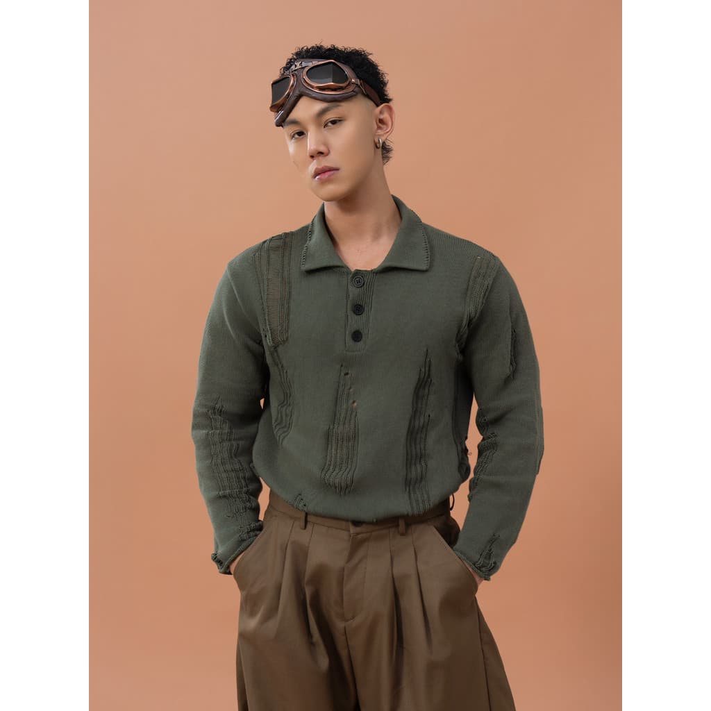 CLP Verde Café Cor Rasgado Oco POLO Suéter de Manga Comprida Masculino Solto Casual Retro Preguiçoso Suéter All-Match in
