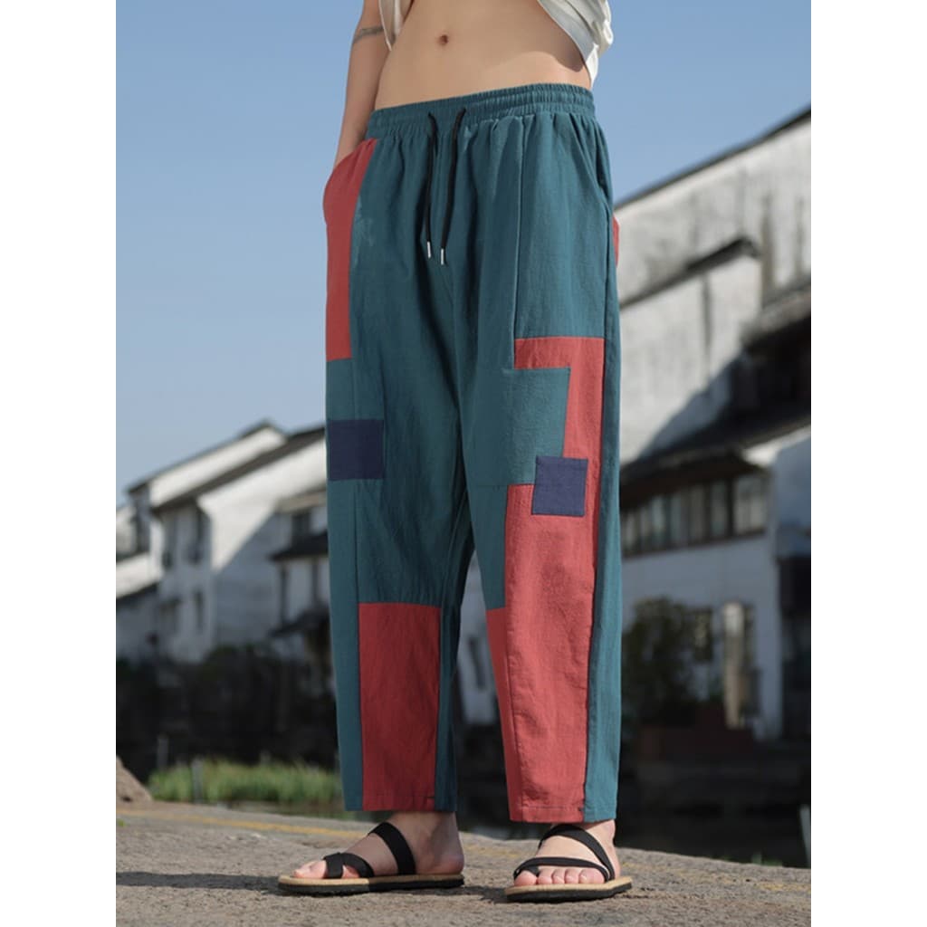 Estilo chinês masculino Wear mendigo remendo costura algodão linho tornozelo comprimento calças masculinas tamanho grand